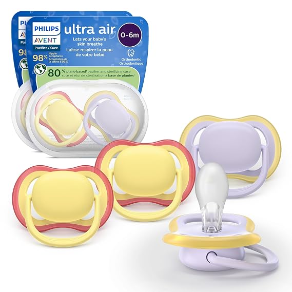 Philips Avent Ultra Air Pacifiers - Orthodontic Design, for Babies 0-6 Months, Soft Silicone Symmetrical Nipple, BPA-Free, 2 Sterilizing Cases, 4 Pack, SCF08720