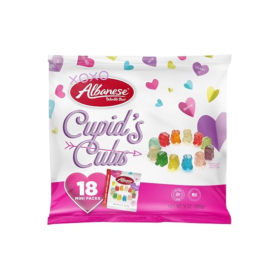 Albanese World's Best Cupid's Cubs Gummi Bears, 18 Count Mini Pack 0.5 Ounce Bags of Candy, Individually Wrapped Valentine's Candy, Great Gift for Classrooms, Offices, Friends and Family