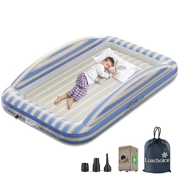 Luxchoice Inflatable Toddler Travel Bed with Improved Cordless Battery Pump Kids Air Mattress with Safety Rails 63x40 Inch Detachable Portable Blow Up Bed for Camping Sleepovers Picnic