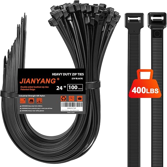 Long Zip Ties Heavy Duty 24 inch,400 LBS Tensile Strength With Double Sided Toothed Super Durable Cable Ties ,Extra Large Wire Ties Adjustable Nylon Tie Wraps for Indoor Outdoor (100 Pack Black)