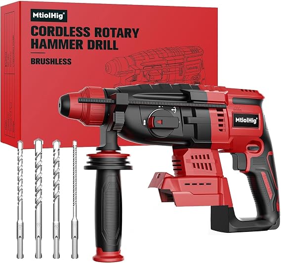 MtiolHig Cordless Rotary Hammer Drill Compatible with Milwaukee 18V Battery, Brushless SDS-Plus Hammer Drill with Safety Clutch for Concrete, 1500 RPM, 4 Modes with 360Auxiliary Handle, Tool Only
