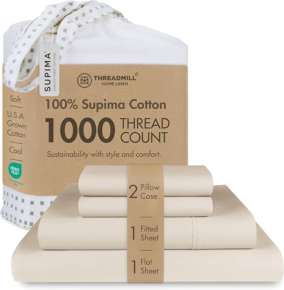 Threadmill 1000 Thread Count Supima Cotton Calking Sheet Set, Sateen, Beige | 100% Supima Cotton, Sateen Weave, 4-Piece Set, All-Around Elastic, Fade-Resistant, Hotel Quality, OEKO-TEX Certified