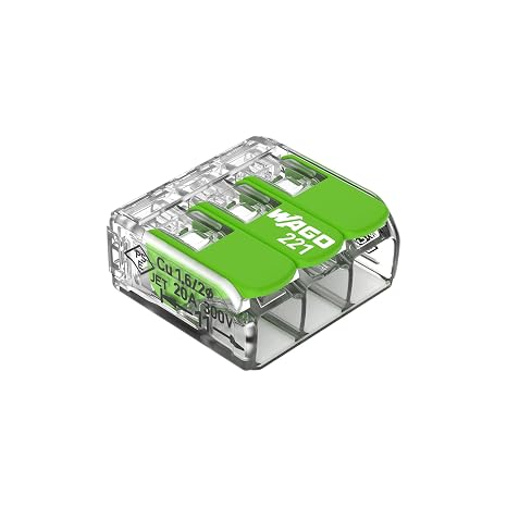 221-423 | WAGO Splicing Connector Green Range | for Solid, Stranded and fine-Stranded Conductors | 3-Conductor with levers | 24 12 AWG | Transparent housing | [50 Pieces]