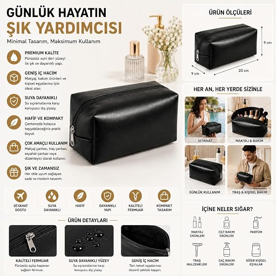 Siyah Makyaj Çantası Fermuarlı Kozmetik ve Kişisel Bakım Organizeri Seyahat Çantası