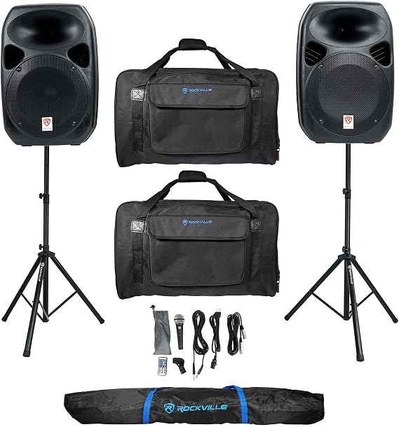 Rockville RPG122K Bundle: Dual 12-in Powered Bluetooth Speakers with Mic, Stands, and Cables, (2) TB12 v2 Padded Speaker Bags, RVSS2 Bag Tripod Stand Carry Bag for DJs, Parties, and Events, 4-Items