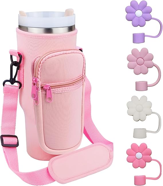 Water Bottle Carrier Bag Bottle Bag for Stanley Cup 40oz Stanley Cup Holder with Strap Stanley Cup with 4Pcs Silicone Straw Cover Accessories for Stanley Cup for Travel, Walking(Pink)