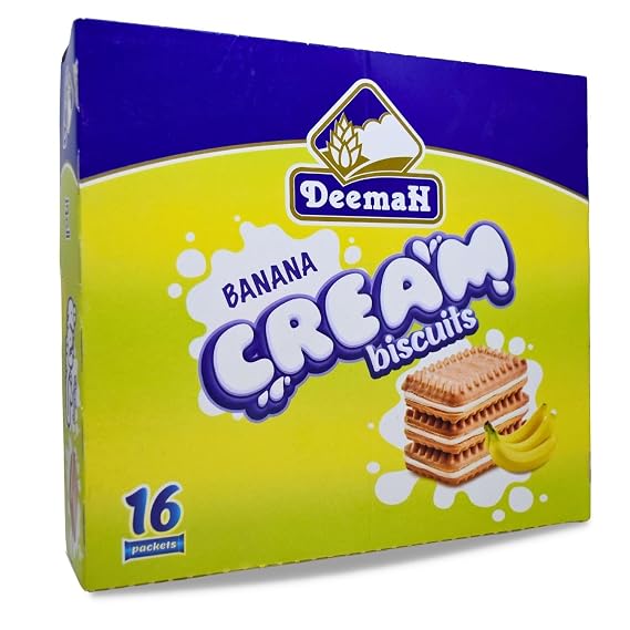 16 Packets Deemah Biscuit Filled With Cream Banana Flavour Cookies Roll Crispy Snacks Baked Batches Bakery Delicious Sweet Kids Adults Vegan Kosher Halal