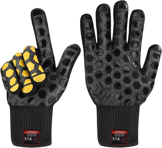 J H Heat Resistant Oven Glove:EN407 Certified 932 F, 2 Layers Silicone Coating, Oven Mitts for Cooking, Kitchen, Fireplace,Camping, Grilling (Black/Yellow, Regular Cuff)