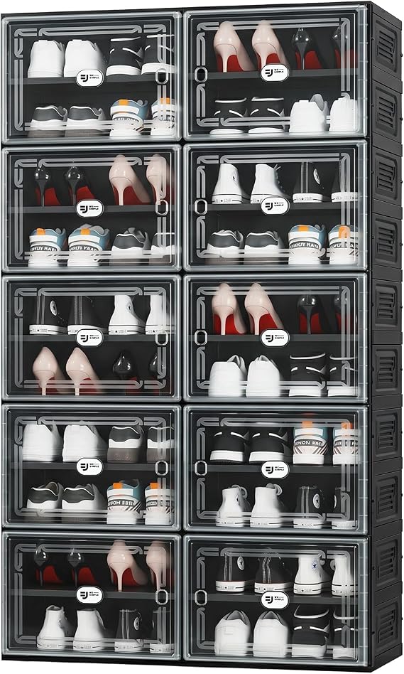Black Shoe Storage Cabinet for 40 Pairs with Magnetic Clear Doors | Tool-free Assembly, Foldable Shoe Rack, Reinforecd Structure, Anti-Tiping, Furniture for Shoe Organizer, Closet, Garage