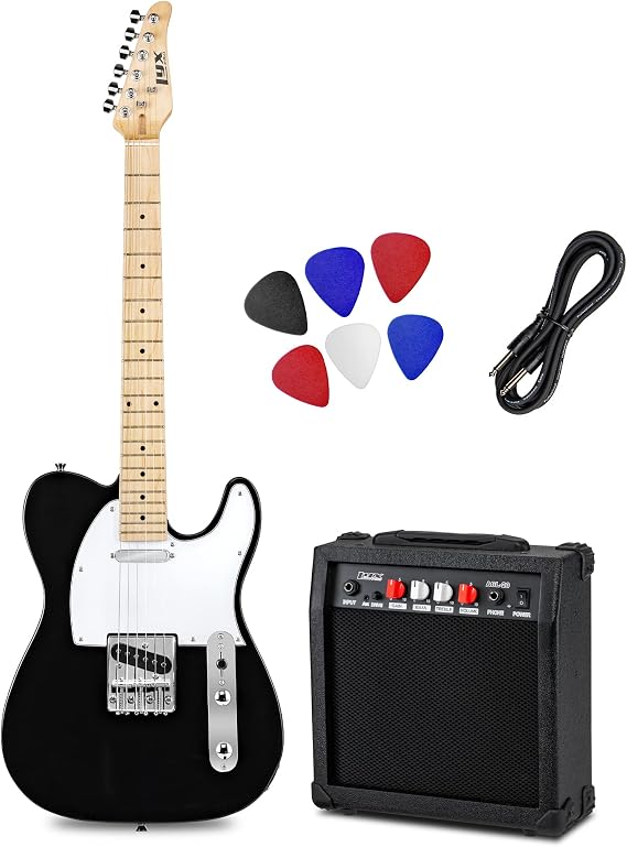 LyxPro 39 Electric Guitar TL Series Kit, 20 Watt Amp Speaker, Solid Full-Size Body, C-Shape Neck, Quality Tuning Heads, 3-Way Switch & Volume/Tone Controls, 12 Picks And Cable Included - Black