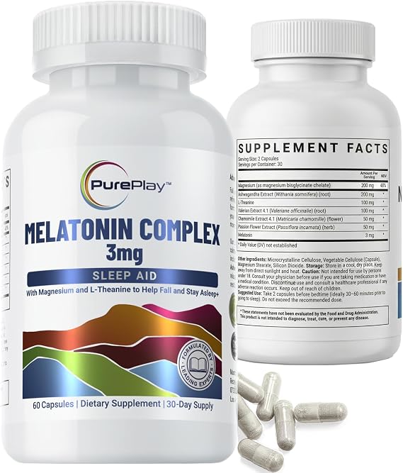 PurePlay Sleep Aids for Adults, Melatonin 3mg Complex with Magnesium and Ashwagandha, Non-Habit Forming Sleep Supplement, 60 Capsules, 30-Days Supply