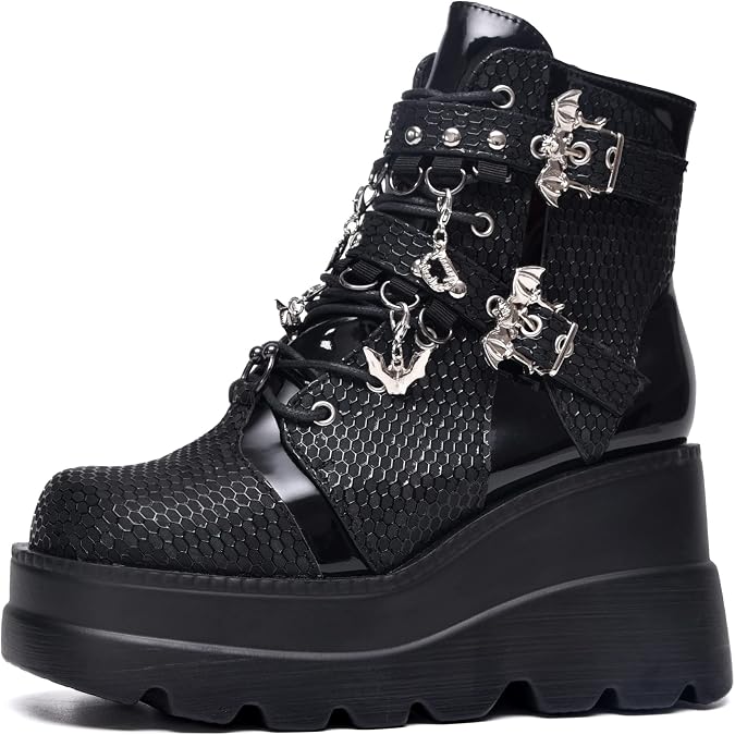 Gothniero Goth Platform Boots Black Gothic Chunky Heel Boots for Women Combat Ankle Wedge Booties with Side Zip Lace Up Size 3UK-8UK