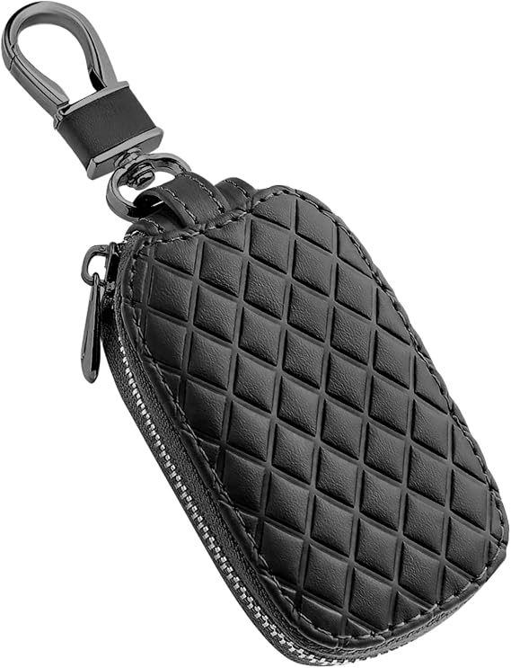 Car Key Case, Car Key Cover, Leather Auto Ramote Smart Keychain Holder with Metal Hook, Universal Automotive Accessories Vehicle Keyring Zipper Bag for Women and Men (Black)