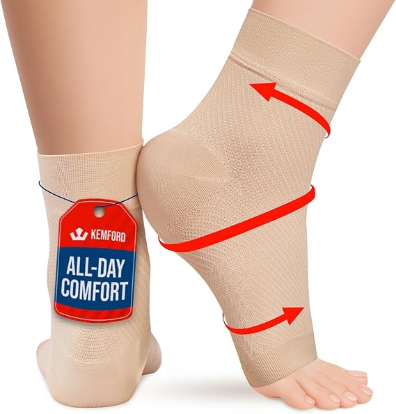 KEMFORD Ankle Compression Sleeve - Plantar Fasciitis Braces - Open Toe Compression Socks for Swelling, Sprain, Neuropathy, Foot Arch Support for Men and Women