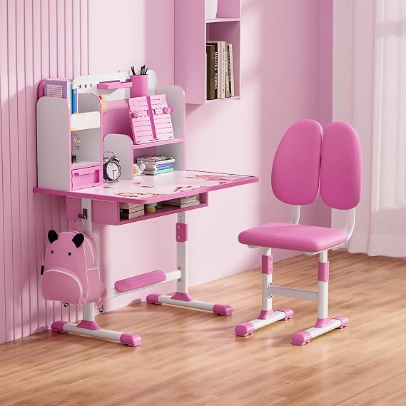 YOXIER Kids Desk and Chair Set,Study Desk for Children with Chair,Height Adjustable School Desk, Multi-Function Desk for Kids with Storage,Children School Study Desk with Storage Drawer for Boys Girl