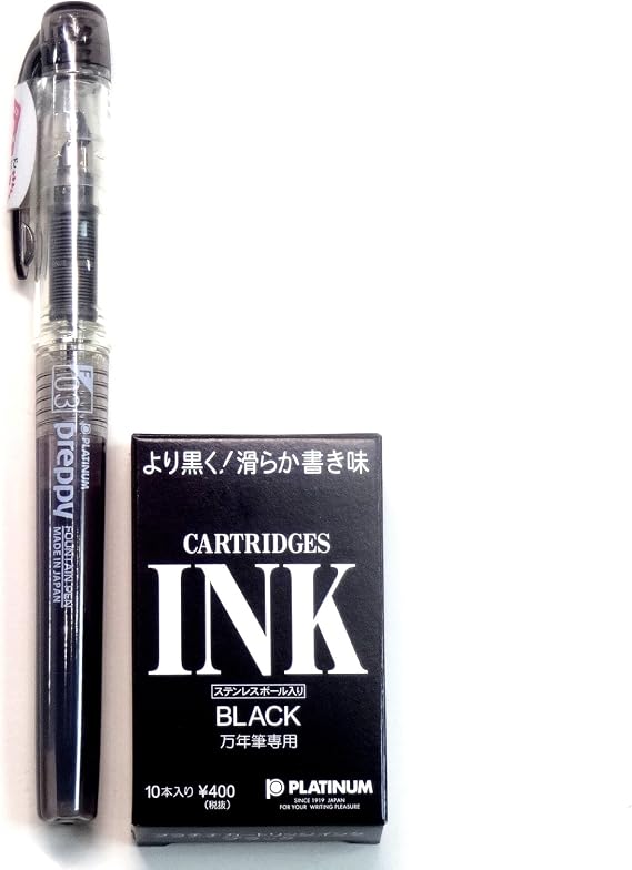 Platinum Fountain Pen, New Preppy, Fine Nib, Black(PSQ-300#1) + Ink Cartridges SPSQ-400#1 (Black)10 cartridges Set (Japan Import) [Komainu-Dou Original Package]