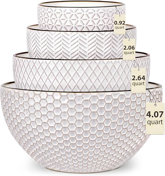 Ceramic Mixing Bowls set of 4 for Baking sourdough White | Stoneware Nesting Prep Bowls for Kitchen Cooking Serving, 0.92/2.06/2.64/4.07 QT, Microwave and Dishwasher Safe