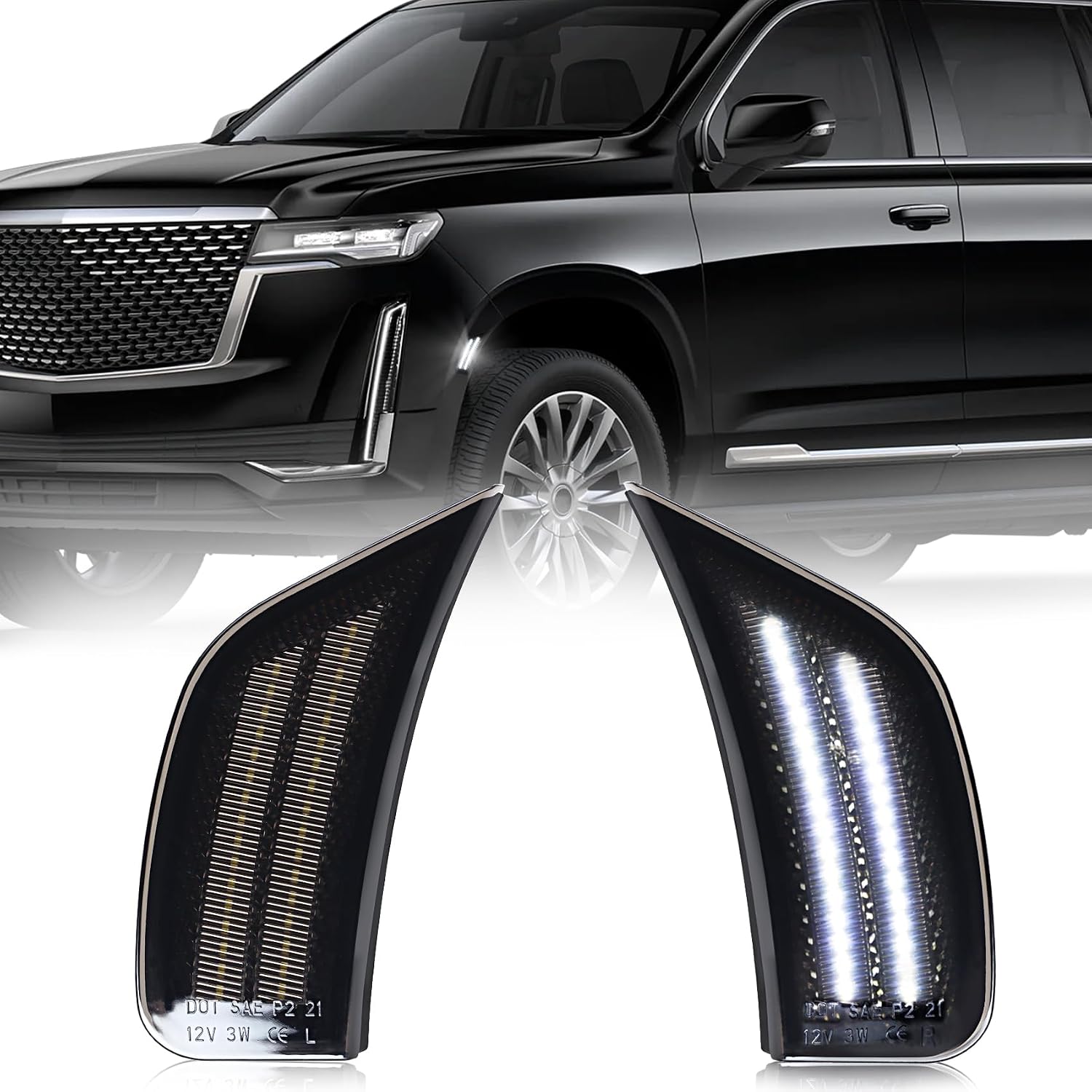 Smoked Lens LED Side Marker Lights for 2021-2024 YukonDenaliTahoeEscaladeSuburbanEscalade ESV White Front Turn Signal Lamps, 2PCS