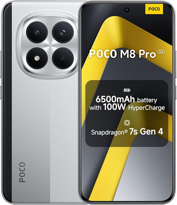 XIAOMI POCO M8 Pro, Smartphone 12+512GB, 6.83" CrystalRes 1.5K AMOLED Display, Snapdragon® 7s Gen 4, 50Mp Light Fusion 800 with OIS, IP68 Dust and Water Resistance, Silver, Charger Not Included