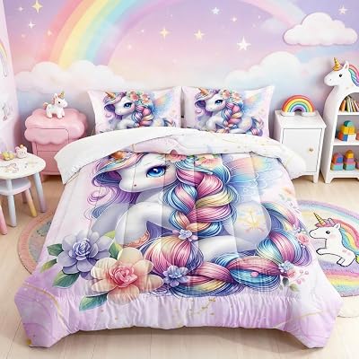 HOSIMA Unicorn Twin Comforter Set for Teenage Girl Room Decor,Kawaii Unicorn with Wings Surrounded by Flowers Print Animal Bedding,Fluffy Cute Bedding for Princess with 2 Pillowcases.