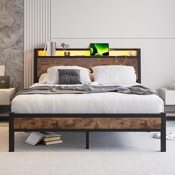 King Size Bed Frame with Wood Headboard Storage, Black