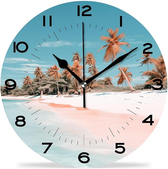 Funny 10 Inch Wall Clocks Battery Powered Decor,Ocean Beach Palm Tree Blue Sky White Cloud Tropical Summer Style