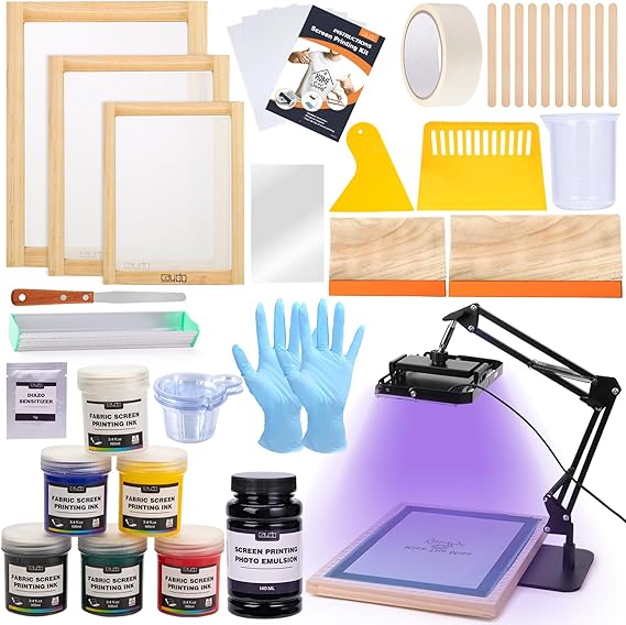 Caydo 54 PCS Screen Printing Kit Inculde 50W LED UV Exposure Screen Printing Light, 6 Color Screen Printing Ink, Screen Printing Photo Emulsion, Emulsion Scoop Coater, and Instructions
