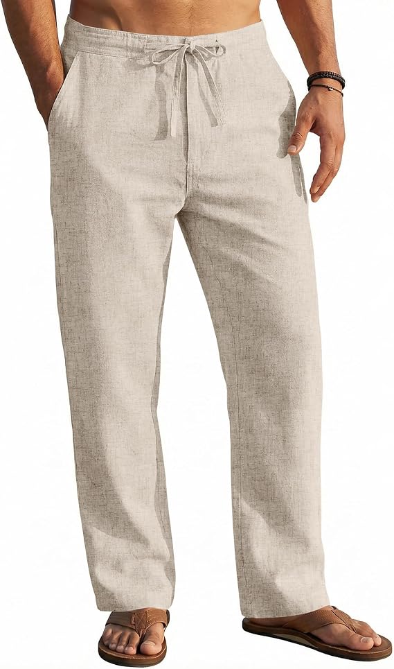 COOFANDY Men's Casual Linen Pants Elastic Waist Drawstring Yoga Beach Pants Lightweight Loose Fit Trousers with Pockets