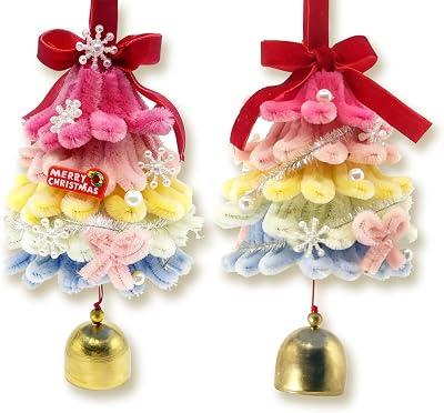 2 Pcs Small Christmas Tree with Gold Bell, 2.8 Inch Colorful Handmade Pipe Cleaners Craft Christmas Decorations, Artificial Xmas Trees Ornaments for Holiday Party Indoor Home Door Decor