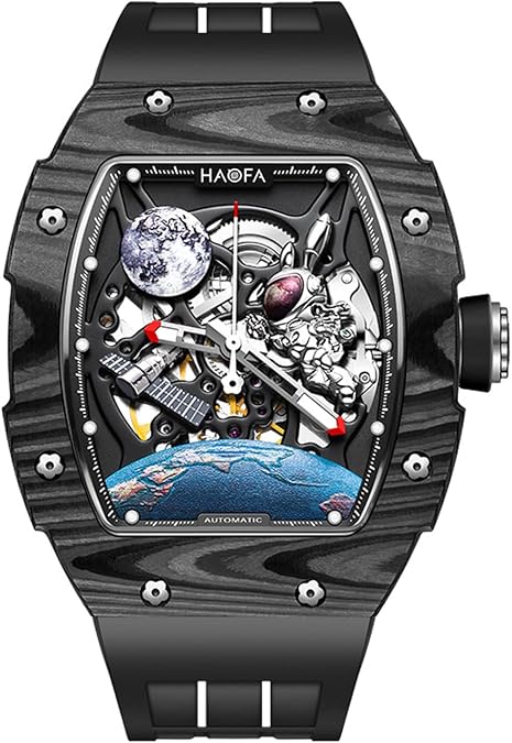 Haofa Automatic Carbon Fiber 3D Moon Rabbit Spaceship Mechanical Watch for Men Hollow Waterproof Luminous Men Watch Casual Fashion 1986