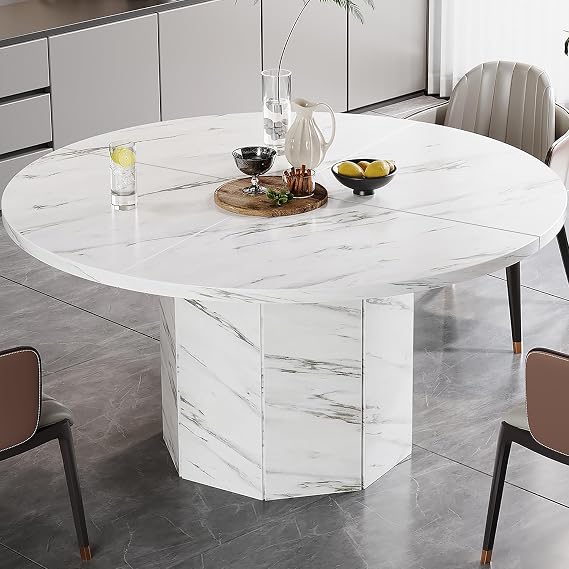 HSH Round Dining Table for 4-6 People, White Faux Marble Dinner Table only, Modern Circle Kitchen Table for Home Living Room, Industrial Wood Dining Room Table with Octagon Base, White Marble, 120 cm
