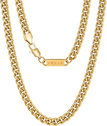 VEXXS Men's Gold Chain, 18K Real Gold Plated Miami Cuban Link Chain, Durable No Color Fading 3mm 4mm 6mm Men s Necklace Chain Urban Fashion Street Wear