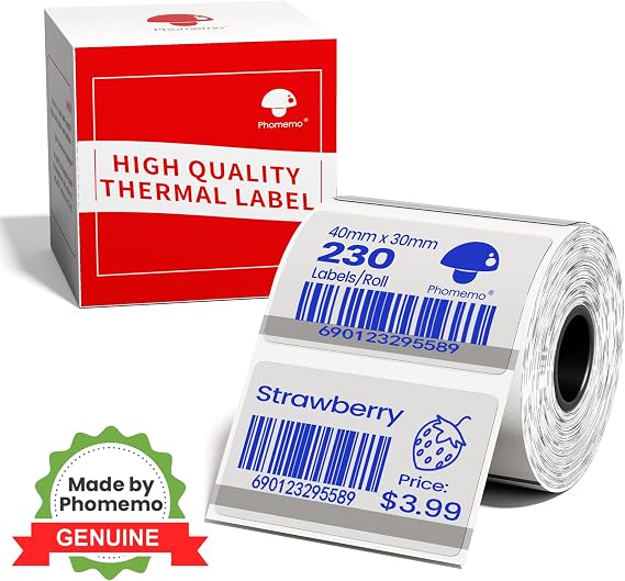 Phomemo Colorful Thermal Labels,1.57" x 1.18" (40x30mm), 230 Labels/Roll | Compatible with M110/M100/M220/M250/M108 Label Printer, Compatible with Barcode/Address/Logo/Business/Home Tag