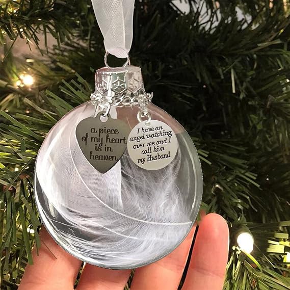 Christmas Memorial Ornament, A Piece of My Heart is in Heaven, Christmas Tree Hanging Pendant Memorial Gifts for Loss of Loved in Memory of Mom Sympathy Gift (Feather Ball, Husband)