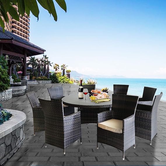 Patio Porch Furniture Sets PE Rattan Wicker Chairs with Table Outdoor Garden Furniture Sets with Begie Cushion Glass Top Patio Table (8 seaters with Round Glass Table)