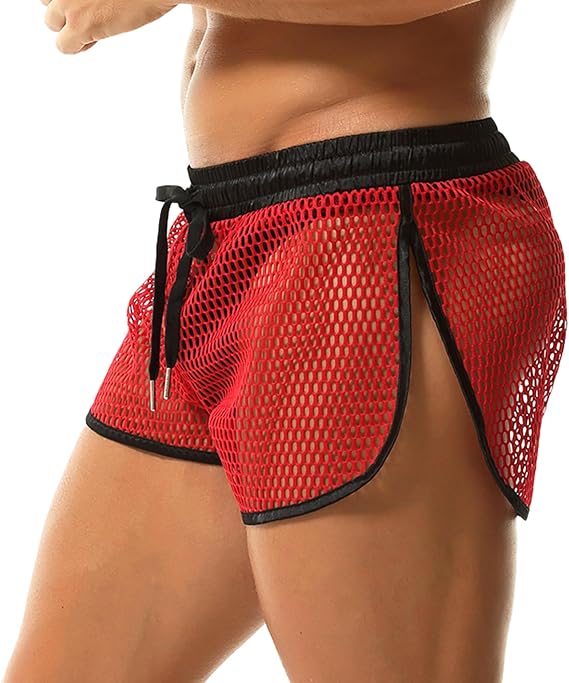 Men's Mesh Shorts Fishnet Drawstring Boxer Shorts See Through Underwear for Casual