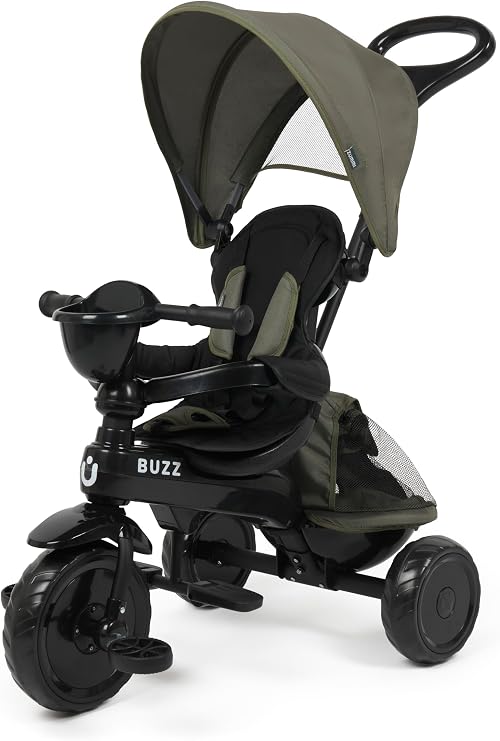 Buzz Baby Trike2, 4 in 1 Kids Tricycle, removable canopy, 5-point safety harness, from 10 months to 25kg, Black/Green