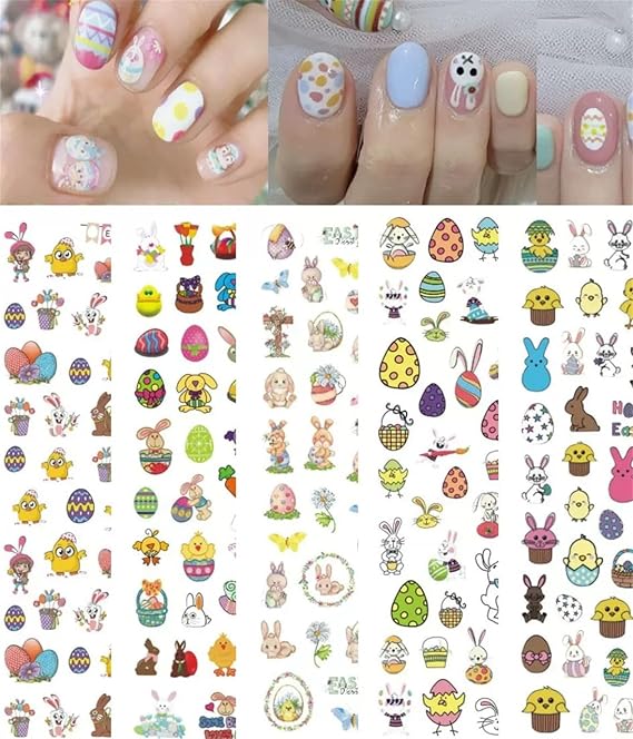 10 Sheets Nail Art Stickers Decals for Women Girls Manicure,Easter Bunny Eggs Self-Adhesive Nail Decals Stickers,Easter Nail Decoration Party Favor Supplies Accessories