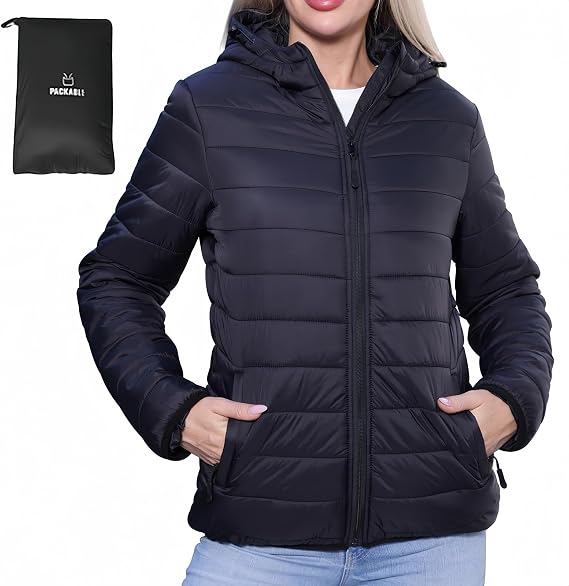 Women's Packable Winter Puffer Coat | Lightweight Quilted Jacket with Hood | Full Zip Travel