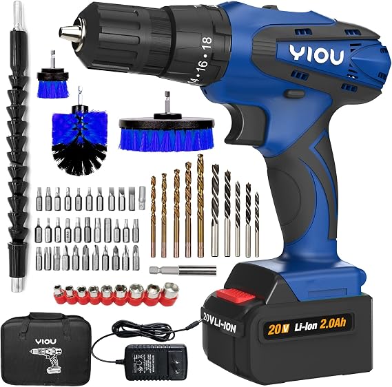 Cordless Drill,20V Power Drill Set with 56pcs ACC & Tool Bag,Electric Screwdriver Driver Drill Tool Sets for Home,3/8" Chuck,18+3 Clutch,310 In-lb Torque,Imapct Drill for Drilling Wood Metal,Blue