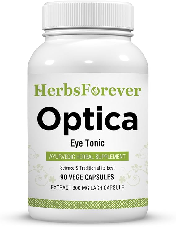 HerbsForever Optica-Eye Care For Vision & Retinal Health,Reduces Strain & Blur,With zinc,Iron,Calcium, Bacopa,Licorice,Carrot, Amla Triphala,+25 Ayurvedic Plant Extracts,Minerals,90 Veg Capsules|800mg