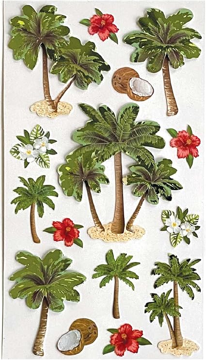 Paper House Productions Die-Cut Dimensional & Foil Accent Travel Scrapbook Sticker Sheet - Tropical Palms