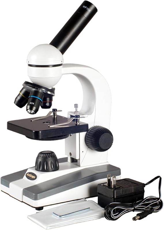 AmScope M148C Compound Monocular Microscope, WF10x and WF25x Eyepieces, 40x-1000x Magnification, LED Illumination, Brightfield, Single-Lens Condenser, Plain Stage, 110V or Battery-Powered