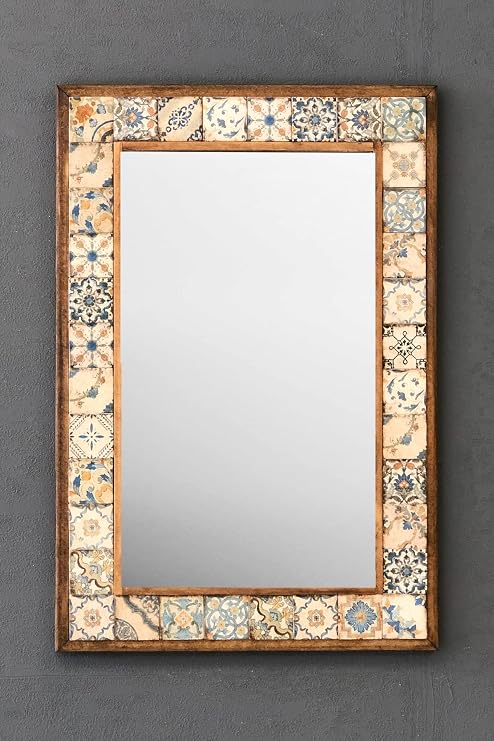 Oscar Stone Decor Masif Çerçeveli Mozaik Taş Ayna 43 CM X 63 CM (Morocco-Etnik Desen) Dresuar Konsol Aynası