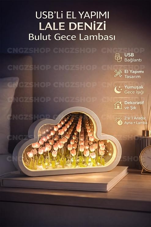 USB'li El Yapımı Lale Denizi Bulut Gece Lambası, 2'si 1 Arada Ayna ve Dekoratif Aydınlatma, Beyaz, 20 x 15 cm [Enerji Sınıfı G]