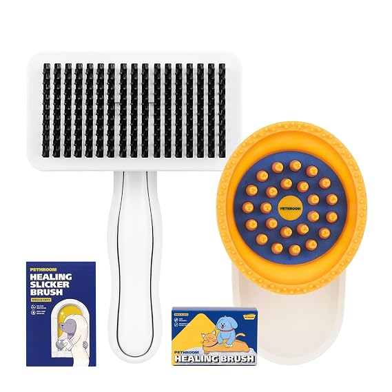 [PETHROOM] Bundle - Slicker Brush & Healing Brush Set | Coated Tips for Gentle Grooming and Deshedding & Soothing Silicone Grooming Tool