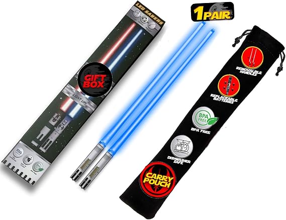 LIGHTSABER CHOPSTICKS LIGHT UP STAR WARS LED Glowing Light Saber Chop Sticks REUSABLE Sushi Lightup Sabers - Removable Handle Dishwasher Safe - Premium GIFT BOX & CARRY CASE Included - BLUE 1 PAIR