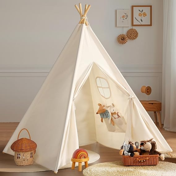 Wilwolfer Kids Teepee Tent Indoor: Foldable Polycotton Tipi Play Tent with Window, Large Playhouse for Girls and Boys, Indoor Outdoor Birthday Gift (Natural White)