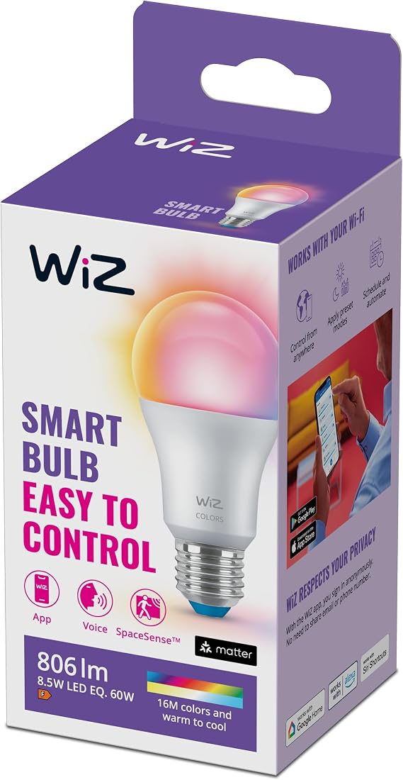 WiZ Smart Colour Bulb, E27, 8.5W, Motion Sensor with App, Dynamic Scenes,Connected WiFi Works with Alexa, Google Assistant & HomeKit, App Control for Home Indoor Lighting, Bedroom, Energy Monitoring [Energy Class F]