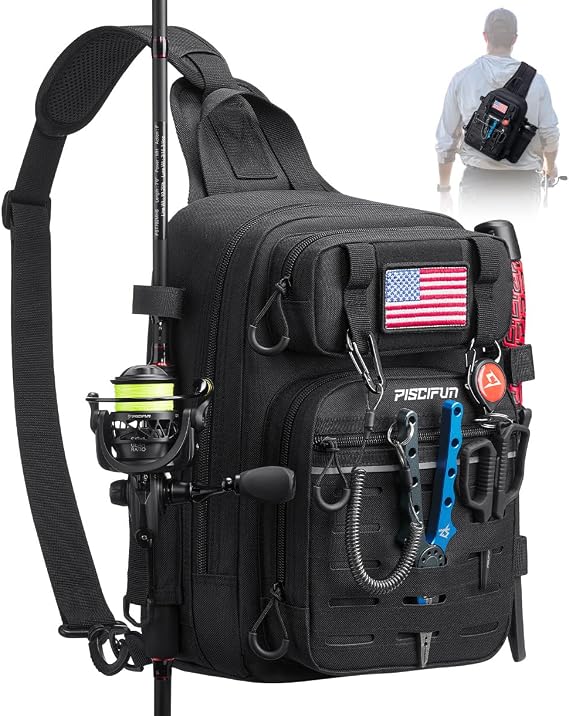 Piscifun Fishing Backpack Tackle Bag with 2 Rod Holders, Multi-Compartment Storage, MOLLE System, Water-Resistant Lightweight Outdoor Pack,Single Shoulder Black Standard | Water-Resistant Lightweight Outdoor Pack, fits 33600 boxes, reinforced stitching